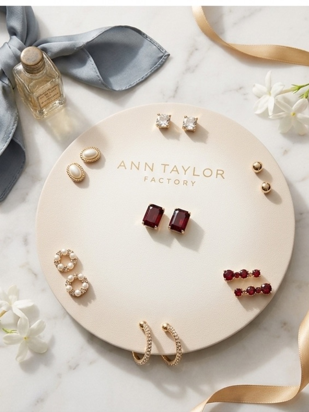 Ann Taylor Factory Gold-Tone Earring Set with Burgundy Stones lot 7pc